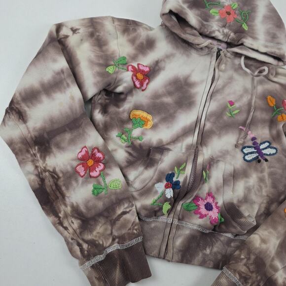 VTG Y2K Miss Me Hoodie Womens Small Tie-Dye Zip Up Embroidered Floral Butterfly - Picture 3 of 12